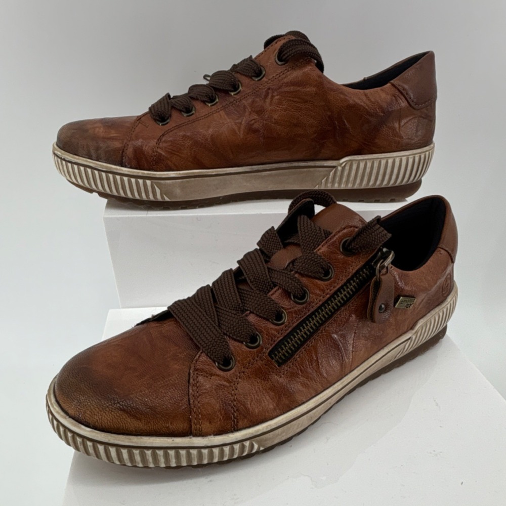 Remonte Brown Leather Lace-Up Sneakers Zipper Logo Women‎ US 9.5 EU 41 Comfort